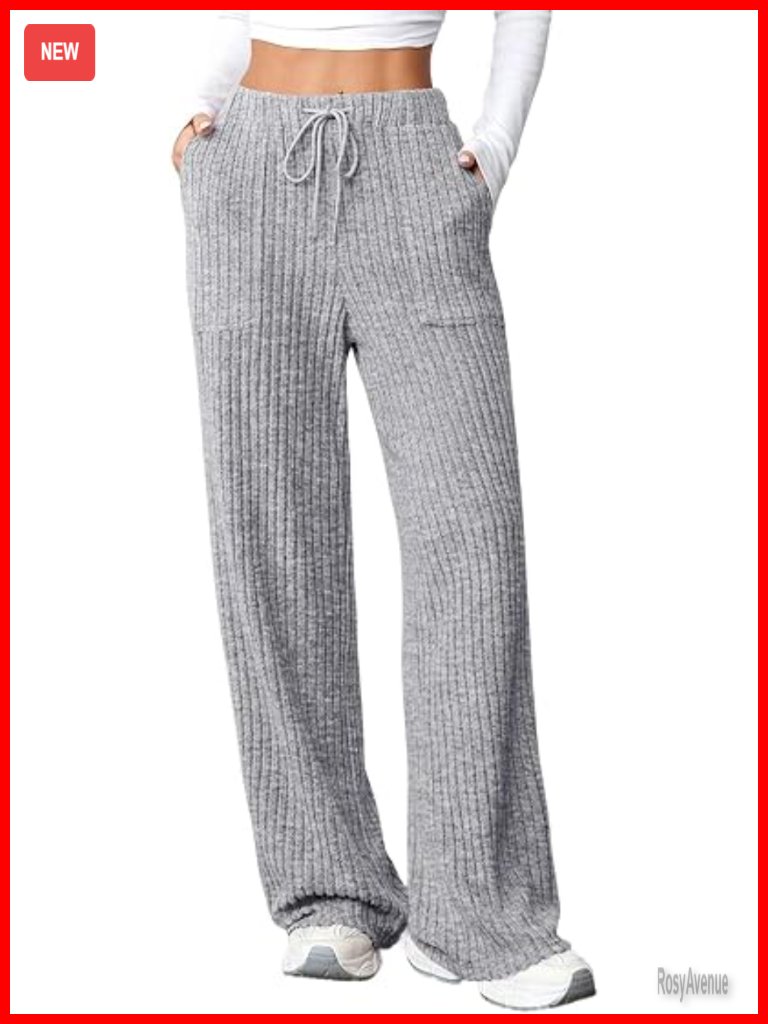 Ribbed Wide Leg Lounge Pants With Pockets Drawstring Soft Knit Pajama Pants